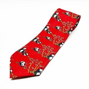 Vintage Gold City Panda Bear with Bamboo Red Handmade 100% Silk Neck Tie